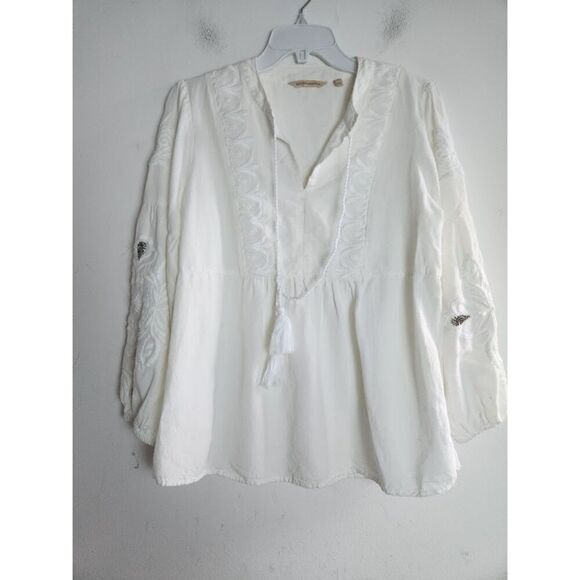 Soft Surroundings White Baby Doll Floral Embroidery Flax/Cotton Blouse sz Small - Picture 7 of 9